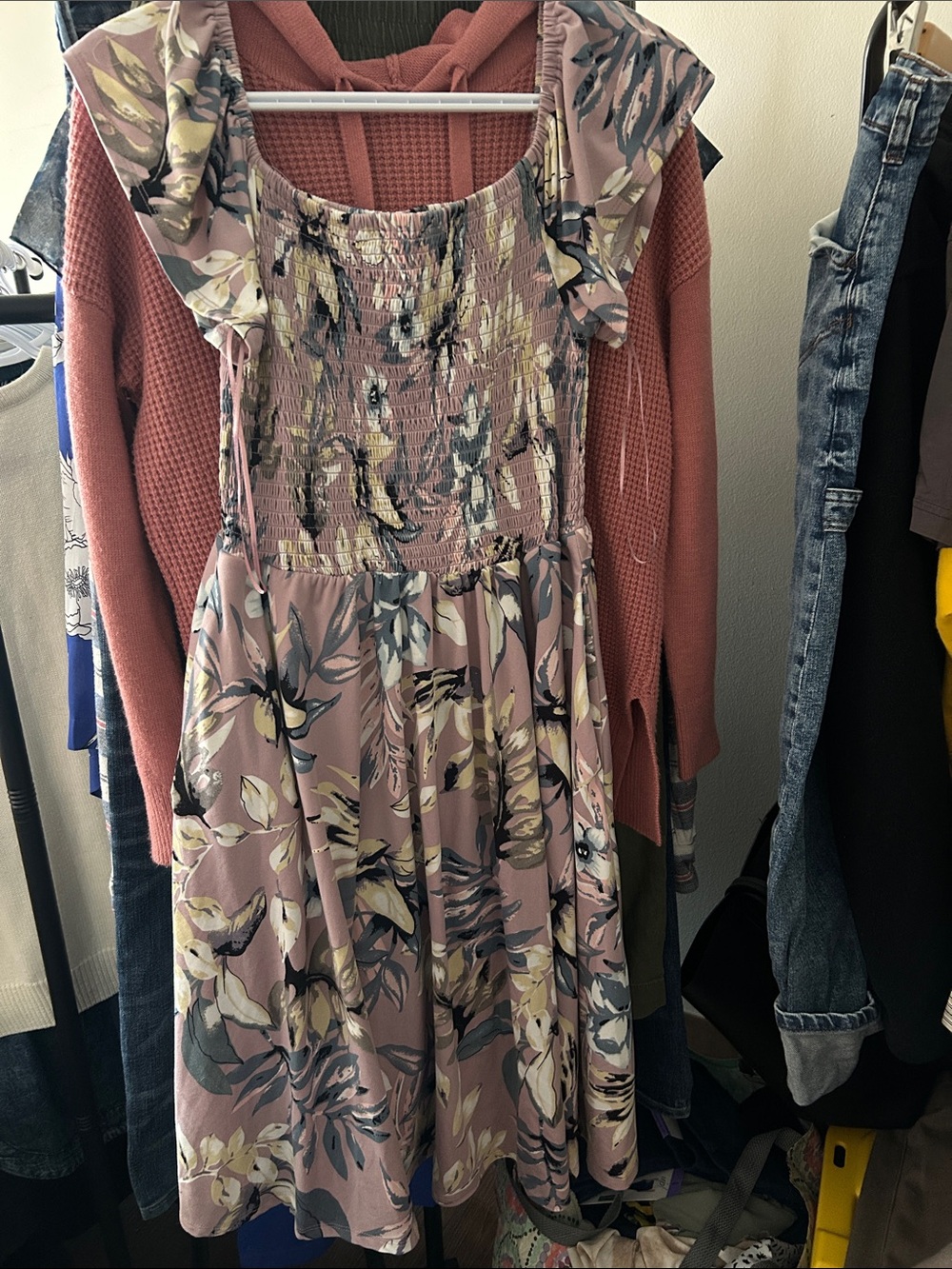 Kismet Dusty Pink Floral Smocked Midi Dress